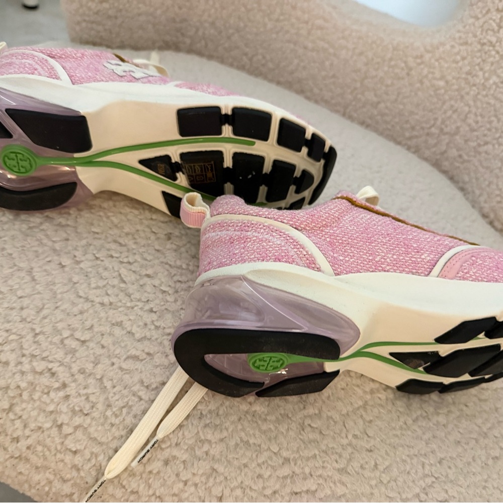 Tory Burch Pink Tweed Platform Logo Sneakers with Lavender Heel - Picture 4 of 5